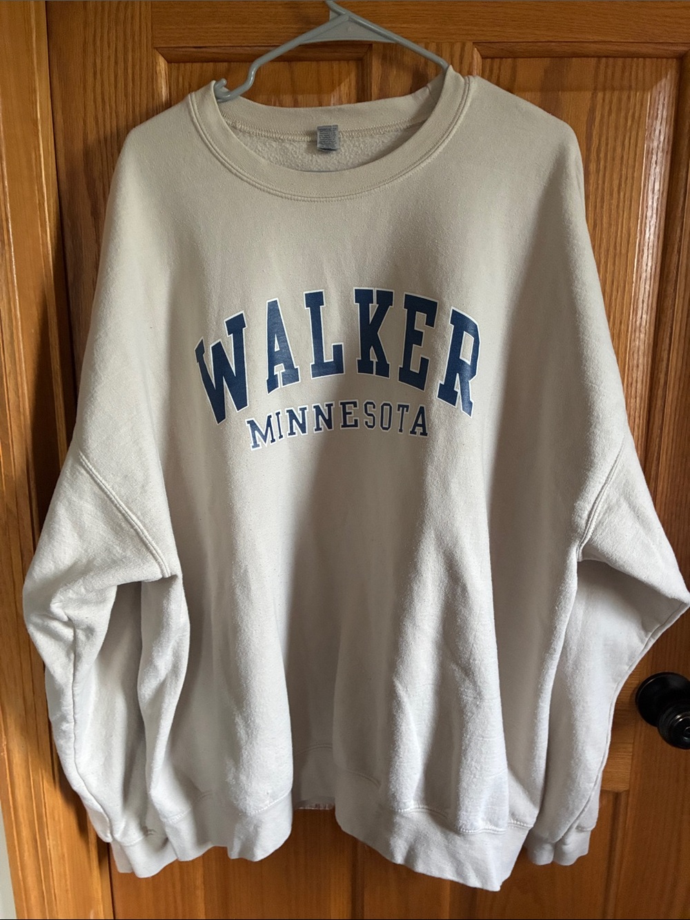 Gildan Cream Crewneck Sweatshirt with Blue 'WALKER MINNESOTA' Print